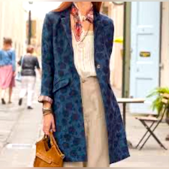 Sundance Maelie Linen Blend Topper Jacket Long Blazer Blue Floral Jacquard - Picture 1 of 13